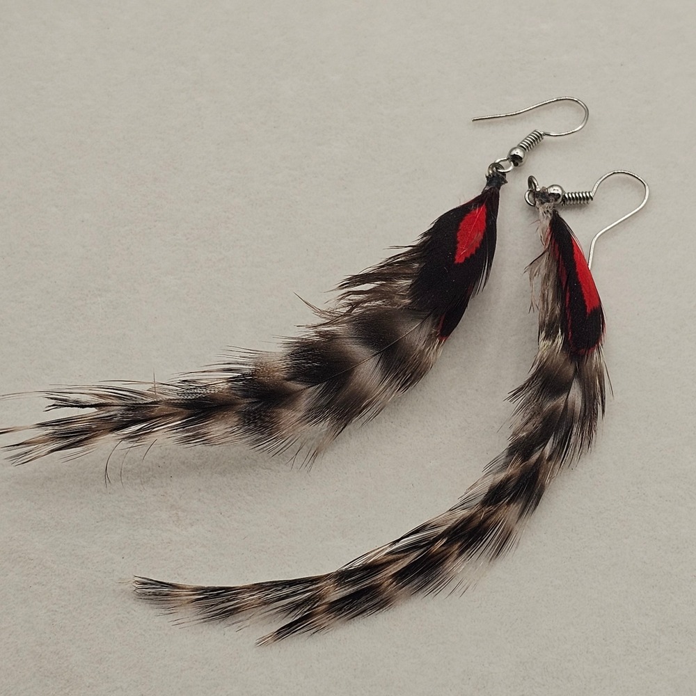 Feather Dangle Earrings‎ 4"+ Brown Red Grizzly Striped Boho Chic Tribal Western - Picture 5 of 12